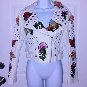 Floral Embroidered White Leather Jacket